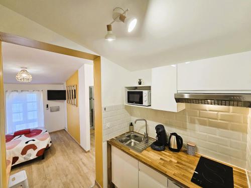 une cuisine avec un évier et une chambre avec un lit dans l'établissement Tout confort ! Centre-ville, Climatisation, Parking, Wifi, Calme, TV, à Carcassonne