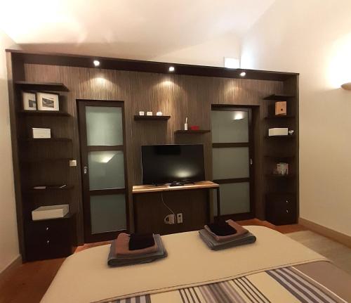 a living room with a tv and some glass shelves at Le Mathi in Fumel