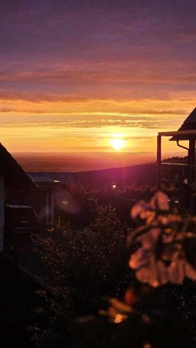 a sunset with the sun setting in the distance at Renatas Ferienwohnung Stanel in Sasbachwalden