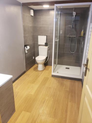 a bathroom with a toilet and a glass shower at Le Havre de Gaïa in Charnècles
