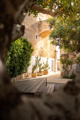 a bench in front of a building with plants at Galeta Masseria in Nardò