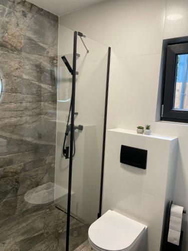 a bathroom with a toilet and a glass shower at Domki nad Wartą Kajaki & SPA in Prusicko