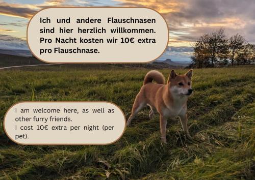 a dog standing in a field with a speech bubble at W5 - Urlaubsmagie - Wohnung mit Grill, Terrasse & Pool in Lichtenhain