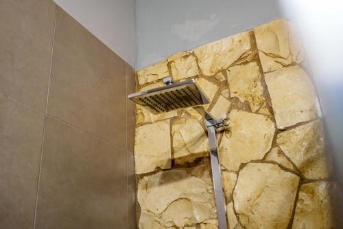 a shower in a bathroom with a stone wall at Quinta dos Is in Algoz