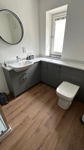 a bathroom with a sink and a toilet and a mirror at Drumfin Cottage in Elgin