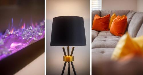 two pictures of a living room with a lamp and a couch at The Burton York 3 bedroom House sleeps 6 in York