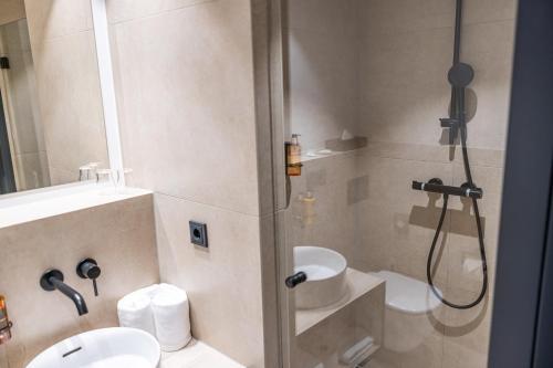 a bathroom with a shower and a toilet and a sink at Platzhirsch Living in Kelsterbach