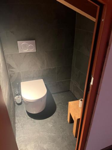 a bathroom with a white toilet in a room at La Chujale in Arbaz