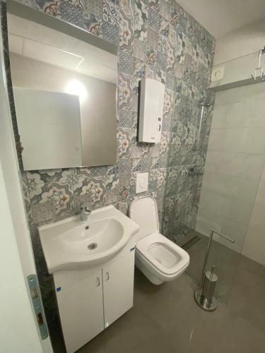 een badkamer met een wastafel en een toilet bij Apartments Mosha in Ohrid