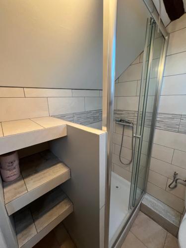 a bathroom with a shower and a glass shower backdoor at Venez respirer l'air de la Campagne a 70 km de de l'Océan, Villers sur Mers , Deauville ..... Maison de 100 m² ,sur une parcelle de 2000 m² 3 chambres toutes refaites , 2 salles d'eau , 2 toilettes , cuisine équipées . tous refait a neuf in Monnai
