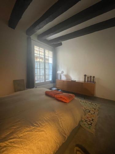 une chambre avec un grand lit et une fenêtre dans l'établissement Logement Quartier Historique Calme et Parking, à Tours