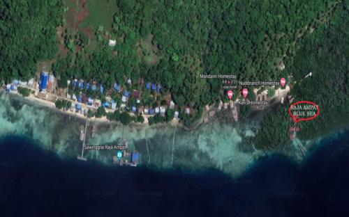 an island with a group of houses on the shore at Raja Ampat Blue Sea in Besir