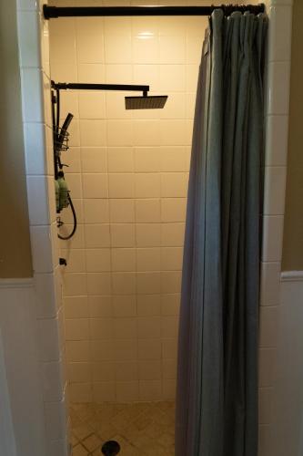 a shower with a shower curtain in a bathroom at Lofty Dreams B&B, studio near Disney & Universal in Orlando