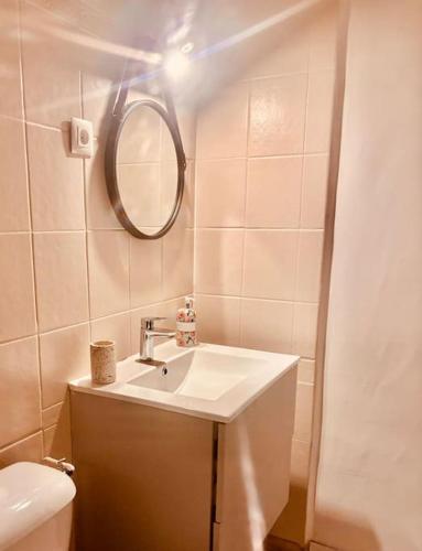 une salle de bain avec un lavabo et un miroir dans l'établissement Studio cabine avec terrasse, à Cavalaire-sur-Mer