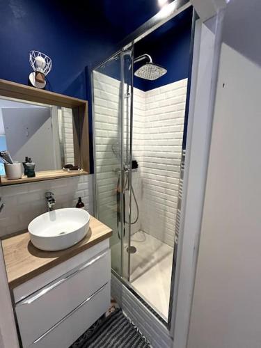 une salle de bain avec un lavabo et une douche dans l'établissement Appartement vue sur mer à Marseille, à Marseille