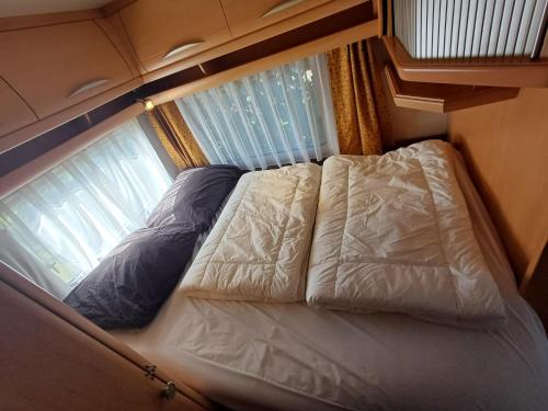 a bed in a small room with a window at Caravan Petiet in Buren