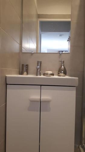une salle de bain avec un lavabo blanc et un miroir dans l'établissement Magnifique petite maisonnette climatisée avec parking privatif, au Barcarès