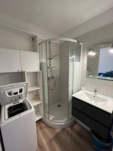 une salle de bain avec douche et lavabo dans l'établissement Studio lumineux, terrasse, piscine proche plages, à Fréjus