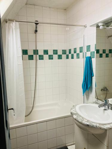 une salle de bain avec une douche, un lavabo et une baignoire dans l'établissement Charmant F3 duplex 60 M2 à 150m mer, à Saint-Aubin-sur-Mer