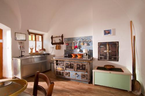 a large kitchen with a stove and a sink at Juvanova hiša - Apartments and Rooms in Luče