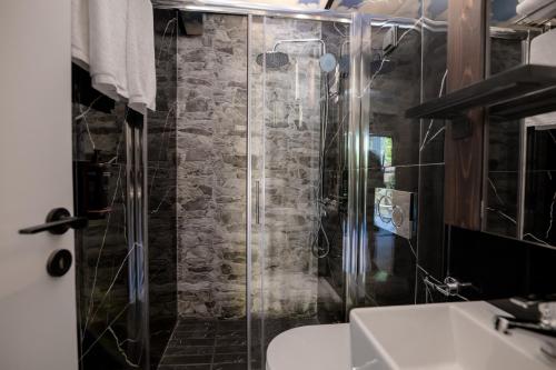 a bathroom with a glass shower with a toilet and a sink at Sylvia Camping & Luxury Suites, Panel Hospitality Homes & Villas in Litochoro