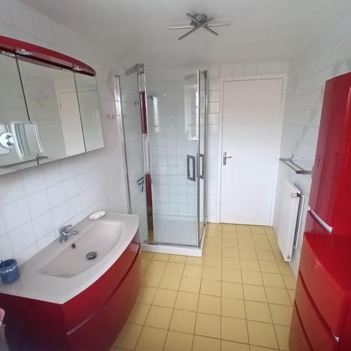 une salle de bain avec un lavabo blanc et une douche dans l'établissement Belle maison familiale près de La Rochelle, à Ferrières