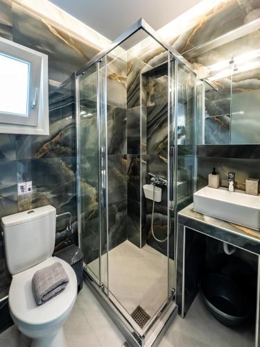 a bathroom with a shower and a toilet and a sink at INTERNI LUXURY LIVING b in Nikiti