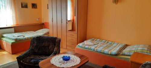 a room with a bed and a chair and a table at Schwalbennest in Dessau