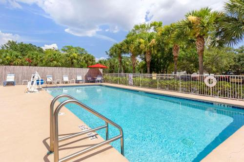 a swimming pool with a fence and palm trees at Comfort Inn St Petersburg North in St. Petersburg