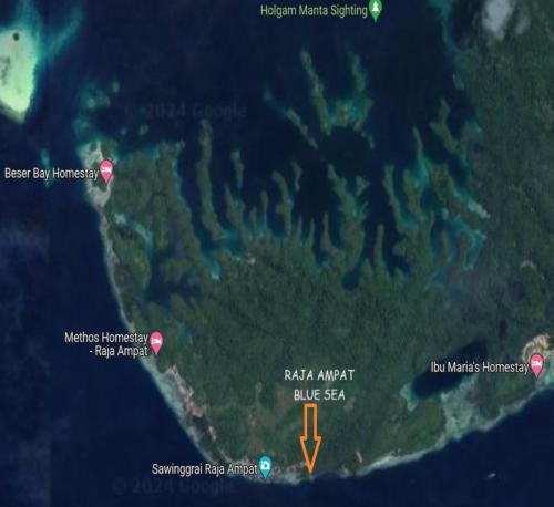 a map of an island with two red pointers at Beser Bay Homestay in Besir