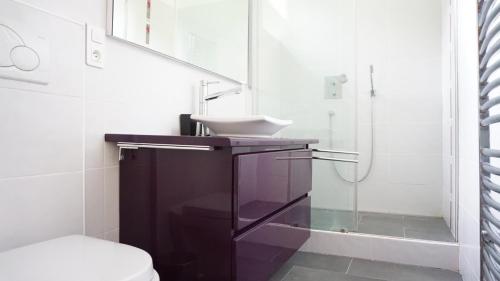 une salle de bain avec un lavabo et une douche dans l'établissement Rue Servandoni - Paris 6, à Paris