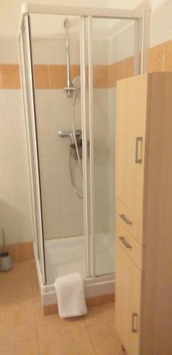 une douche avec une porte vitrée dans une salle de bain dans l'établissement Joli studio en centre-ville, à Corte