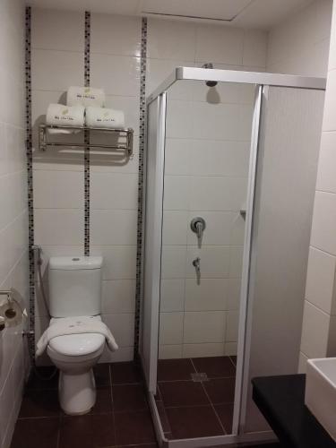 a bathroom with a toilet and a shower at MJ Hotel in Sibuga
