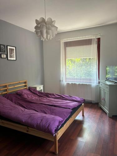 a bedroom with a purple bed and a window at Luxury Apartman in Baja
