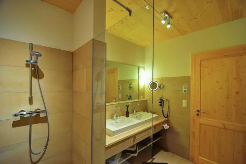 a bathroom with a shower and a sink and a mirror at 5 Sterne Ferienhaus Bayern in Untergriesbach