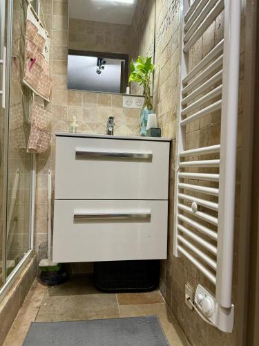 une salle de bain avec un lavabo et un miroir dans l'établissement Appartement rez-de-chaussée, à Sainte-Maxime