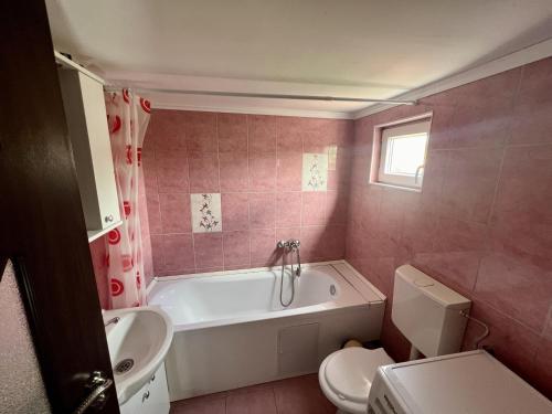 Un baño con bañera, inodoro y lavabo. en The Union Square Apartament, en Oradea