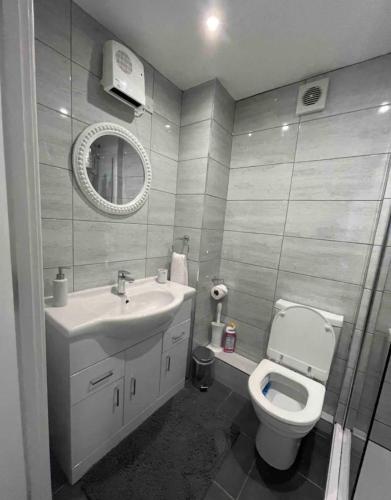 a bathroom with a sink and a toilet and a mirror at Pudding Chare by Gibson Rentals near train station in Newcastle upon Tyne