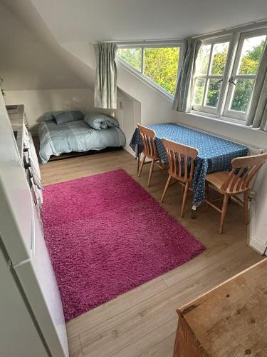 a bedroom with a bed and a purple rug at Cosy attic flat with views in London