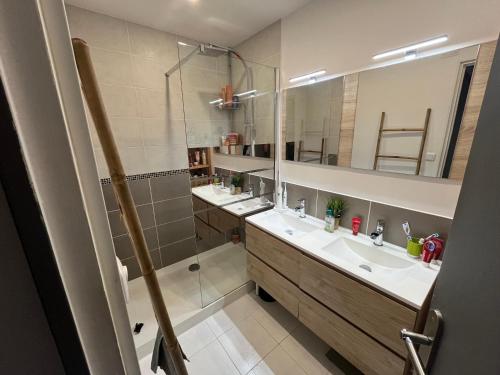 une salle de bain avec deux lavabos et un miroir dans l'établissement Béziers 2 chambres résidence avec parking privatif, à Béziers