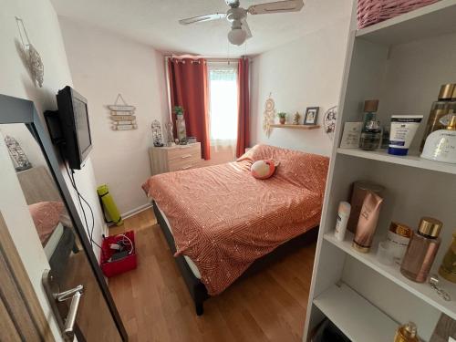 Cette petite chambre comprend un lit et une télévision. dans l'établissement Béziers 2 chambres résidence avec parking privatif, à Béziers