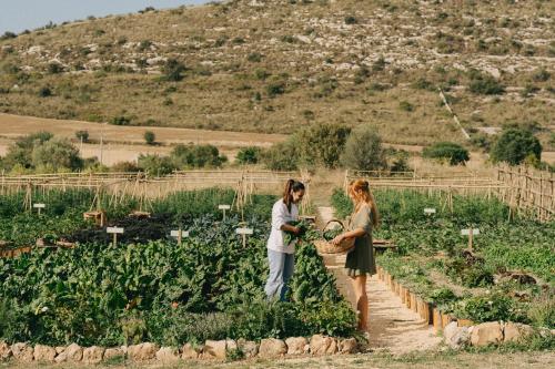 two women standing in a field of crops at Dimora delle Balze in Noto