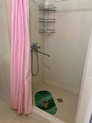 a bathroom with a shower with a pink shower curtain at Guesthouse Mirabela in Shekvetili