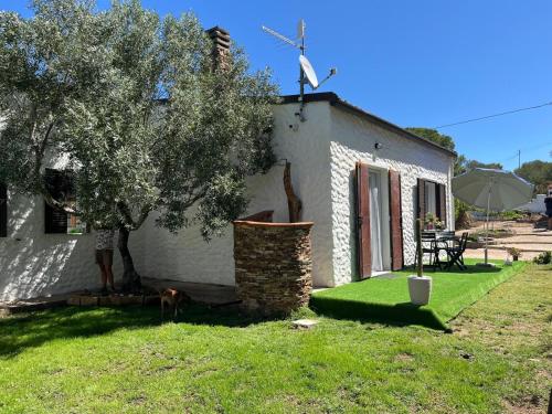 a man and a dog standing in front of a house at Holiday House in Villa Beatrice in Porto Istana