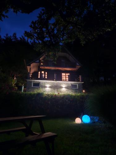 a house with lights in the yard at night at Onkel Willis Hütte in Velden am Wörthersee