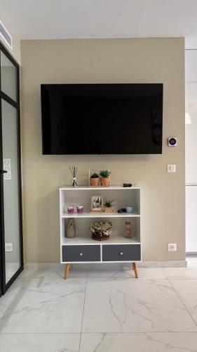 Elle comprend un salon doté d'une télévision murale à écran plat. dans l'établissement Super logement - Mer à 5 min à pieds !, à Nice