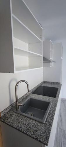 a kitchen counter with a sink and empty shelves at Holidays Domus Papokkio in Igualada