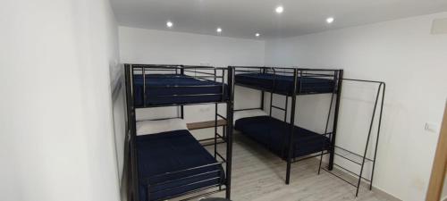 a room with four bunk beds with blue sheets at Holidays Domus Papokkio in Igualada