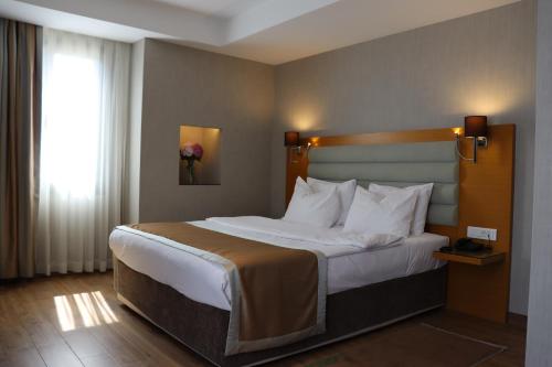 - une chambre avec un grand lit dans une chambre d'hôtel dans l'établissement Riva Hotel Taksim, à Istanbul