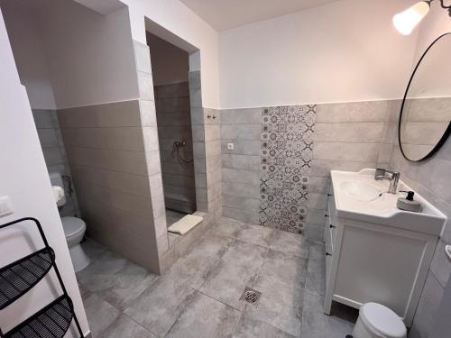 a bathroom with a shower and a sink and a toilet at Pacsirta Apartman Grand in Eger